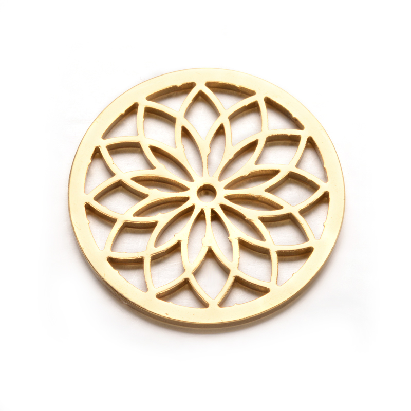 PandaHall Flat Round with Flower 304 Stainless Steel Beads, Golden, 35mm, Hole: 2mm Stainless Steel Flower