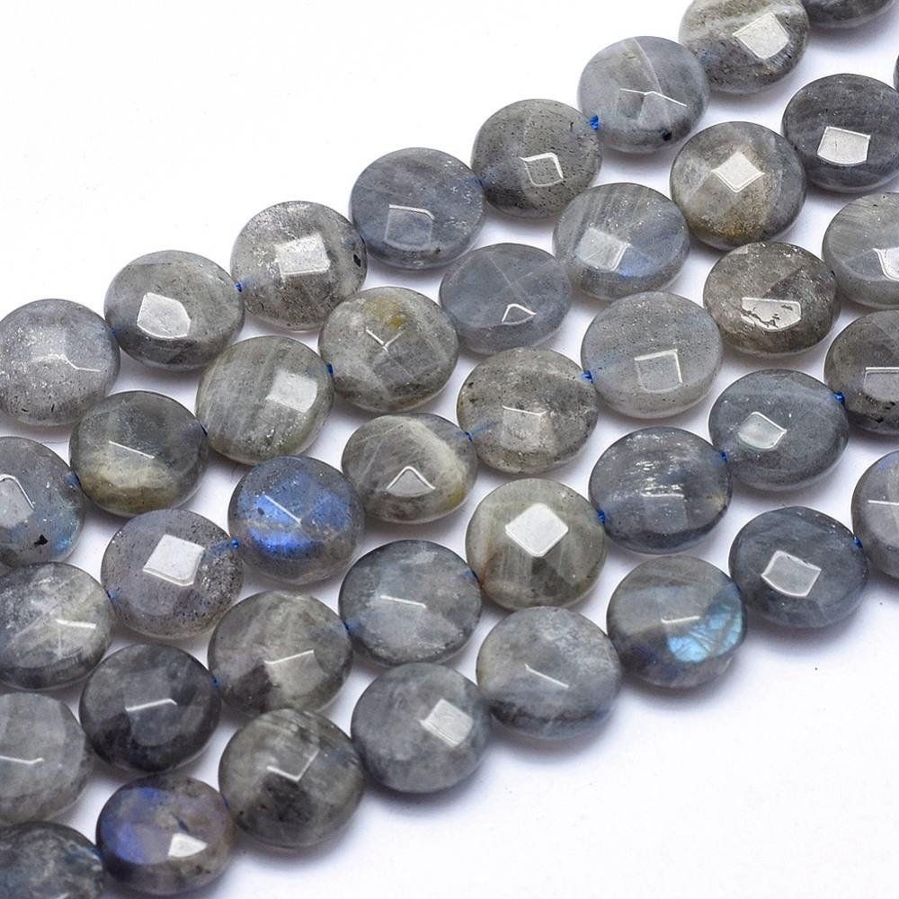PandaHall Natural Labradorite Beads Strands, Faceted, Flat Round, 10x6mm, Hole: 1mm; about 38pcs/strand, 14.9"(38cm) Labradorite Flat Round
