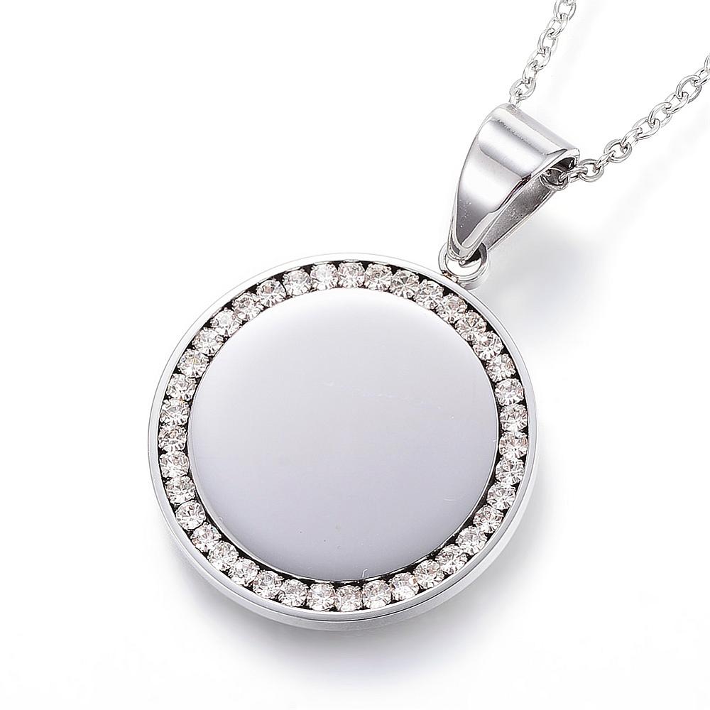 PandaHall 304 Stainless Steel Pendant Necklaces, with Rhinestones, Flat Round, Stainless Steel Color, 19.6"(50cm) Stainless Steel