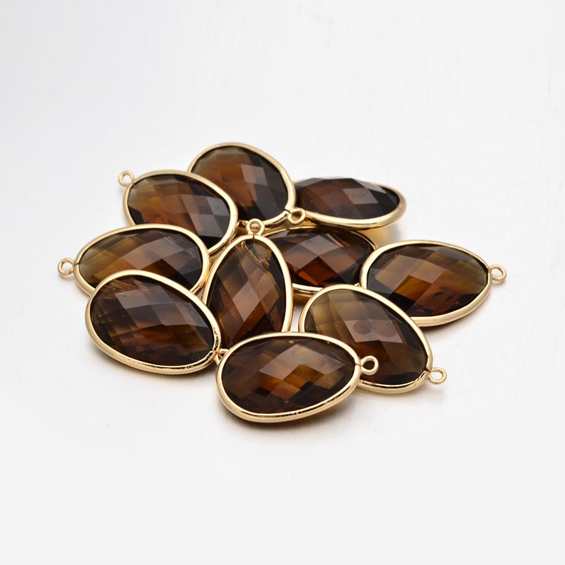 PandaHall Golden Plated Brass Glass Pendants, Faceted Drop, SaddleBrown, 32x19x9mm, Hole: 2mm Brass+Glass Drop Brown