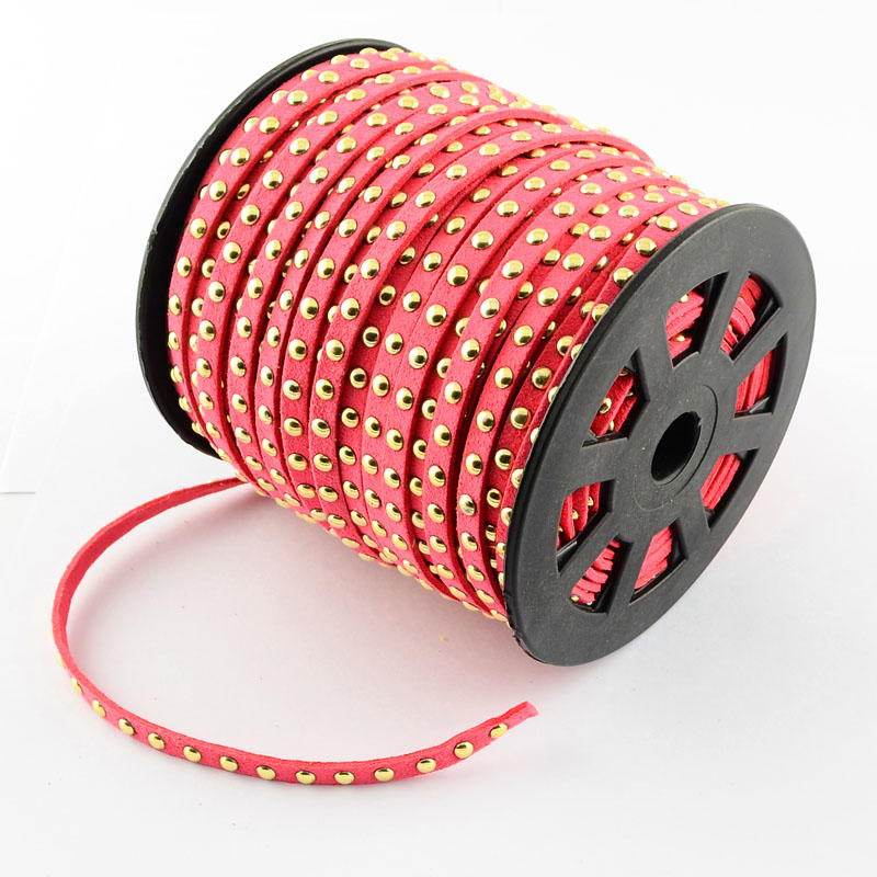 PandaHall Faux Suede Cord, Faux Suede Lace, with Golden Alloy Rivet, for Punk Rock Jewelry Making, Crimson, 6x2.5mm; 50yards/roll Suede Pink