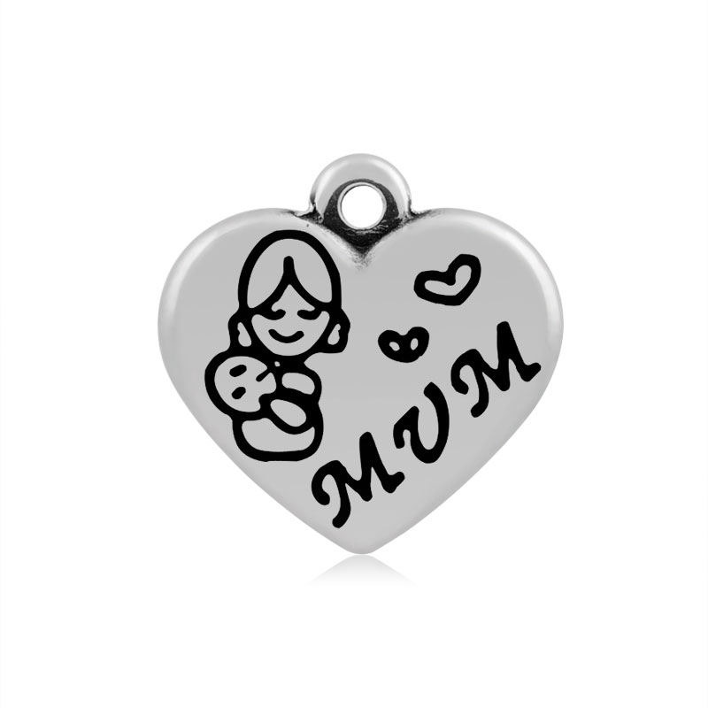 PandaHall Heart with Word Mum 316 Stainless Steel Pendants, Antique Silver, 16x16.5x4mm, Hole: 2mm Stainless Steel Heart