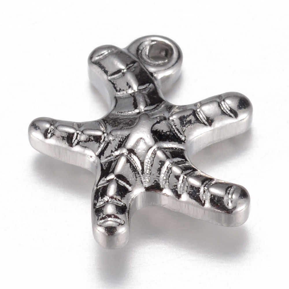 PandaHall 304 Stainless Steel Charms, Starfish, Stainless Steel Color, 14x13x4mm, Hole: 1mm Stainless Steel Starfish