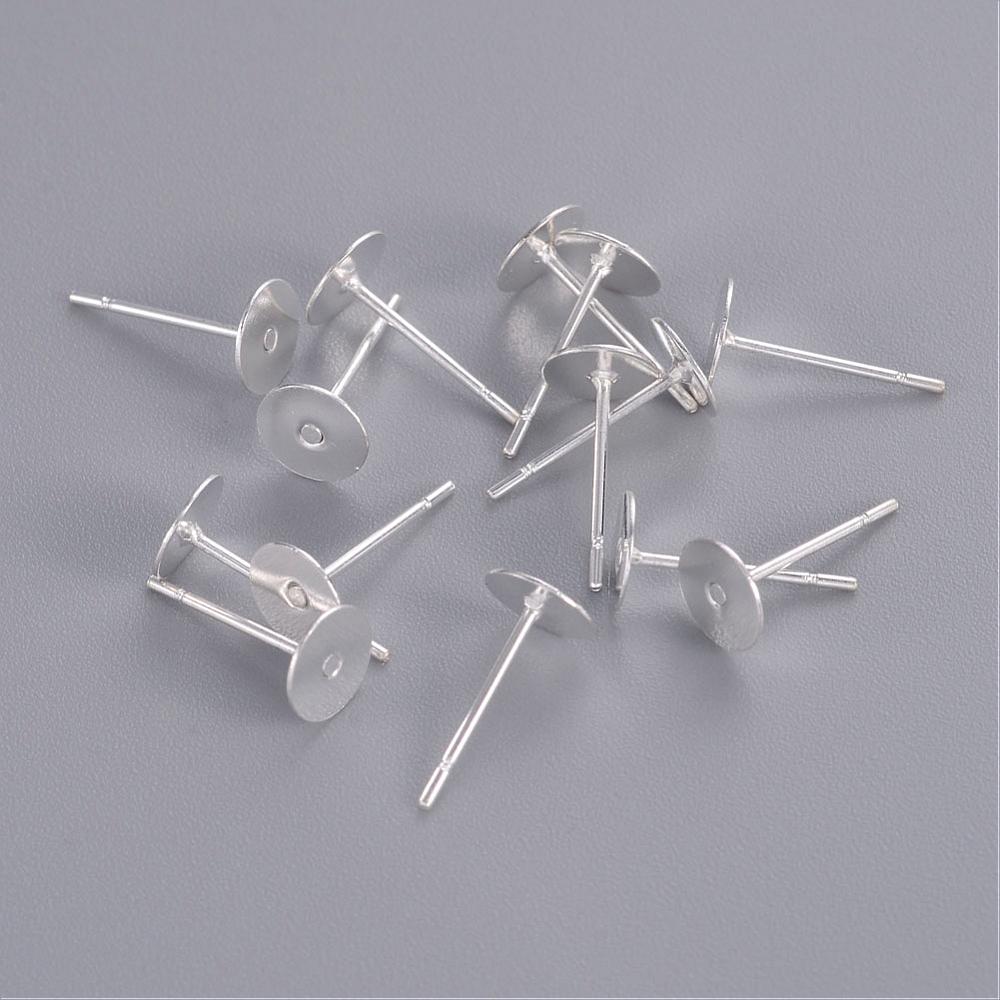 PandaHall Stud Earring Settings, Brass Head and Stainless Steel Pin, Lead Free and Cadmium Free, Silver, Tray: 6mm; Pin: 10mm Brass
