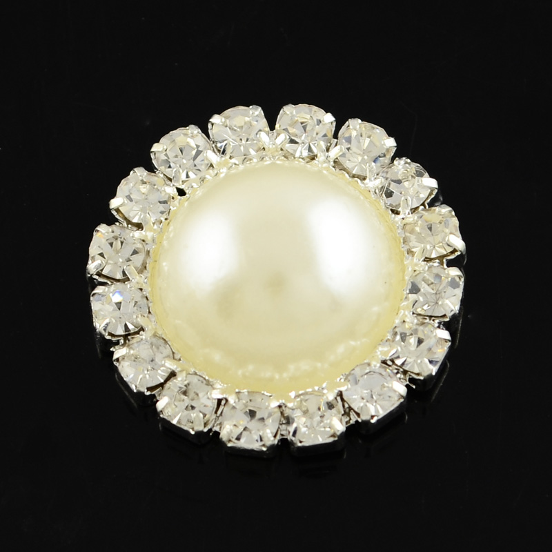 PandaHall Shining Flatback Half Round Brass ABS Plastic Imitation Pearl Cabochons, with Grade A Crystal Rhinestones, Silver Metal Color...