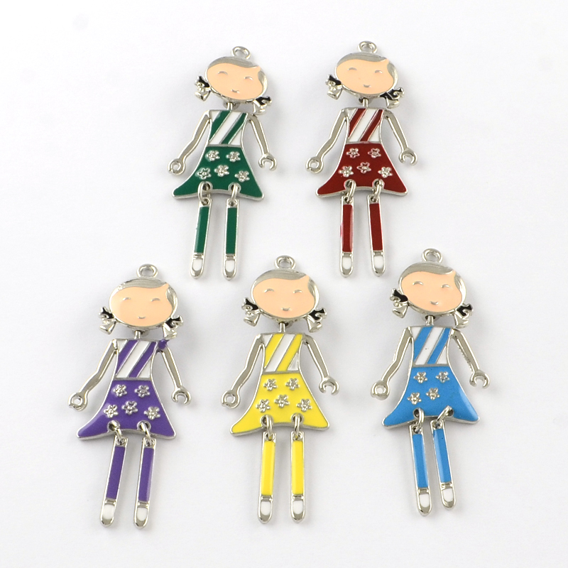 PandaHall Fashion Girl Zinc Alloy Enamel Big Pendants, Nickel Free, Platinum, 62x25x2mm, Hole: 2mm Alloy+Enamel Human Multicolor