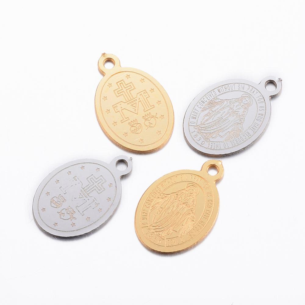 PandaHall 304 Stainless Steel Charms, Oval with Virgin Mary, Mixed Color, 14x9x0.8mm, Hole: 1mm Stainless Steel Oval Multicolor