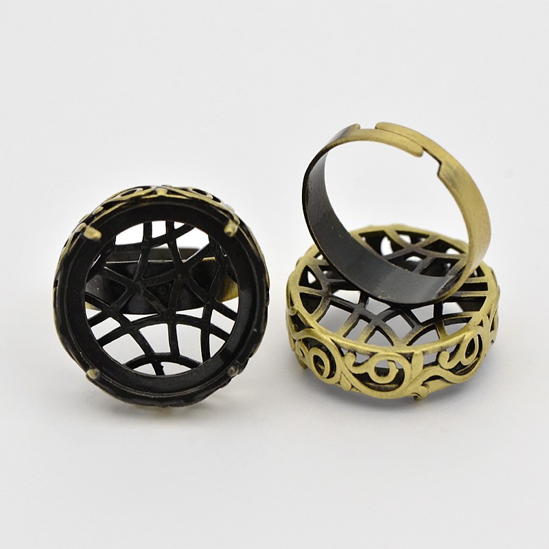 PandaHall Vintage Adjustable Brass Filigree Ring Setting Components, with Flat Round Cabochon Bezel Settings, Nickel Free, Antique Bronze...