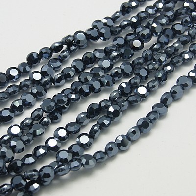 PandaHall Electroplate Glass Beads Strands, Pearl Luster Plated, Faceted, Flat Round, Black, 6x4mm, Hole: 1mm Flat Round Black