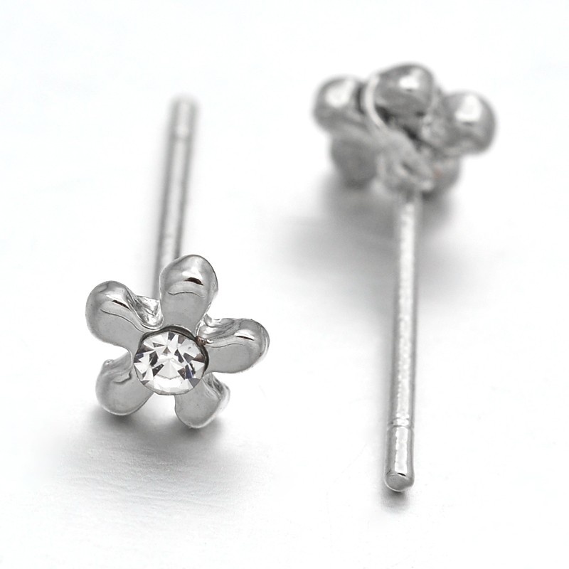 PandaHall Flower Alloy Ear Studs, with Rhinestone and Plastic Earplugs, Platinum, 5x1.5mm, Pin: 0.8mm Rhinestone