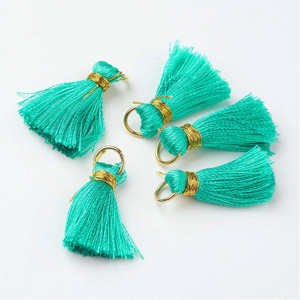 PandaHall Nylon Tassel Pendant Decoration, with Brass Findings, Golden, MediumTurquoise, 23~27x5mm, Hole: 4mm Nylon Cyan