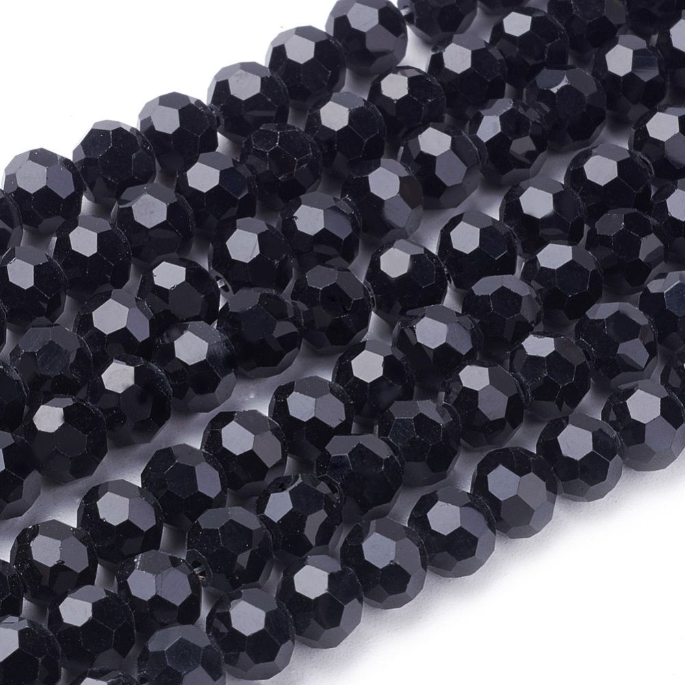 PandaHall Glass Beads Strands, Faceted, Round, Black, 6mm, Hole: 1mm; about 91pcs/strand, 21.5" Glass Round Black