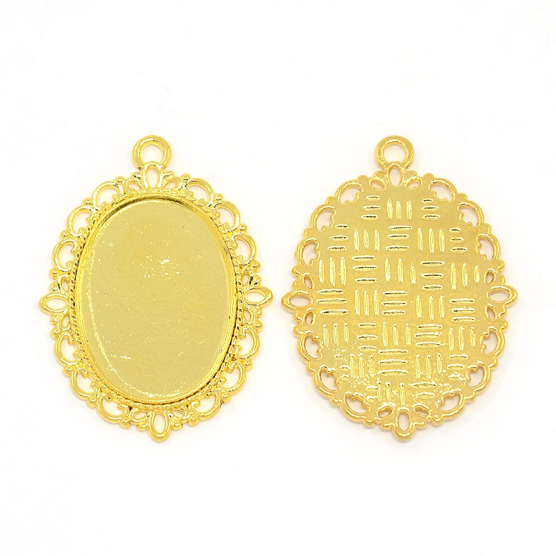 PandaHall Tibetan Style Alloy Oval Pendant Cabochon Settings, Golden, Tray: 18~18.5x25~25.5mm; 40x29x2mm, Hole: 2mm Alloy Oval