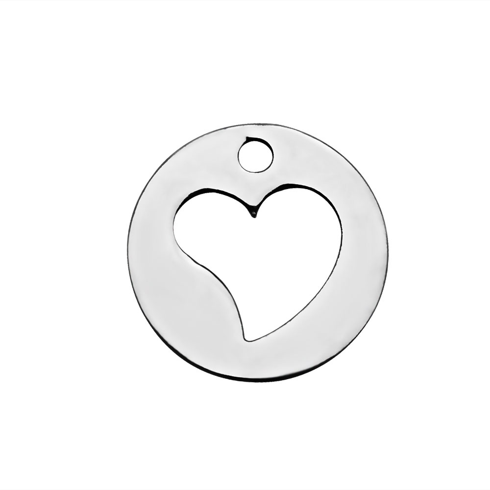 PandaHall 304 Stainless Steel Charms, Flat Round with Heart, Stainless Steel Color, 12mm Stainless Steel Flat Round