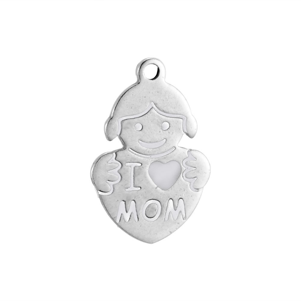 PandaHall 304 Stainless Steel Pendants, Girl with Word I Love Mom, Stainless Steel Color, 19x13x1mm, Hole: 1.5mm Stainless Steel Human