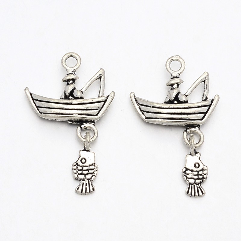 PandaHall Tibetan Style Alloy Gondola Pendants, Boat & Fisherman & Fish, Cadmium Free & Lead Free, Antique Silver, 29x18x4mm, Hole: 2mm...