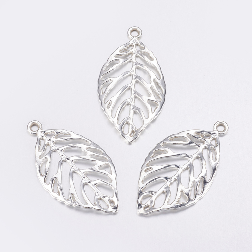 PandaHall Alloy Pendants, Lead Free and Nickel Free, Leaf, Silver, 49.5x27.5x2mm, Hole: 3.5mm Alloy Leaf