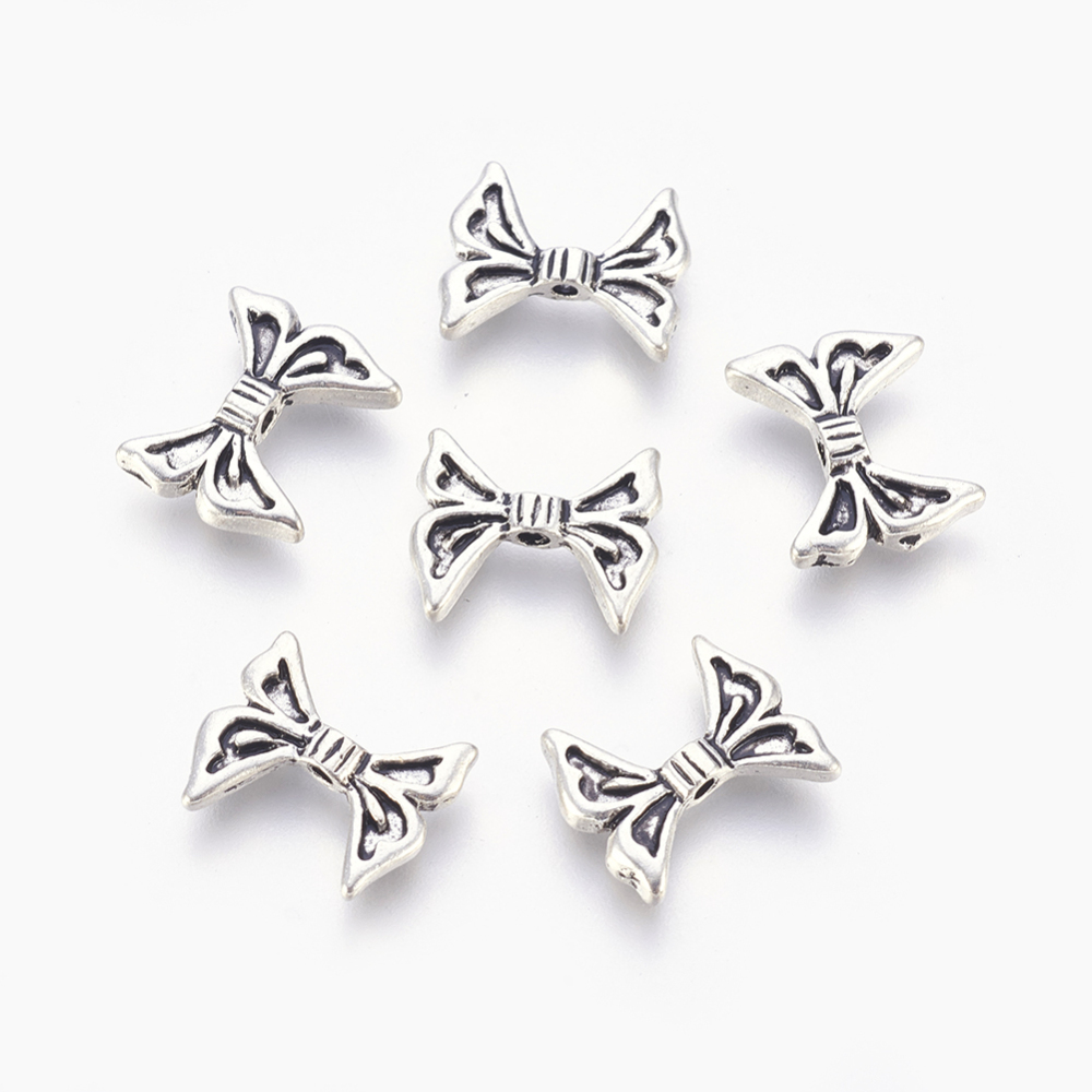 PandaHall Tibetan Style Beads, Lead Free & Cadmium Free, Bowknot, Antique Silver, 12x14x2mm, Hole: 1.5mm Alloy Bowknot