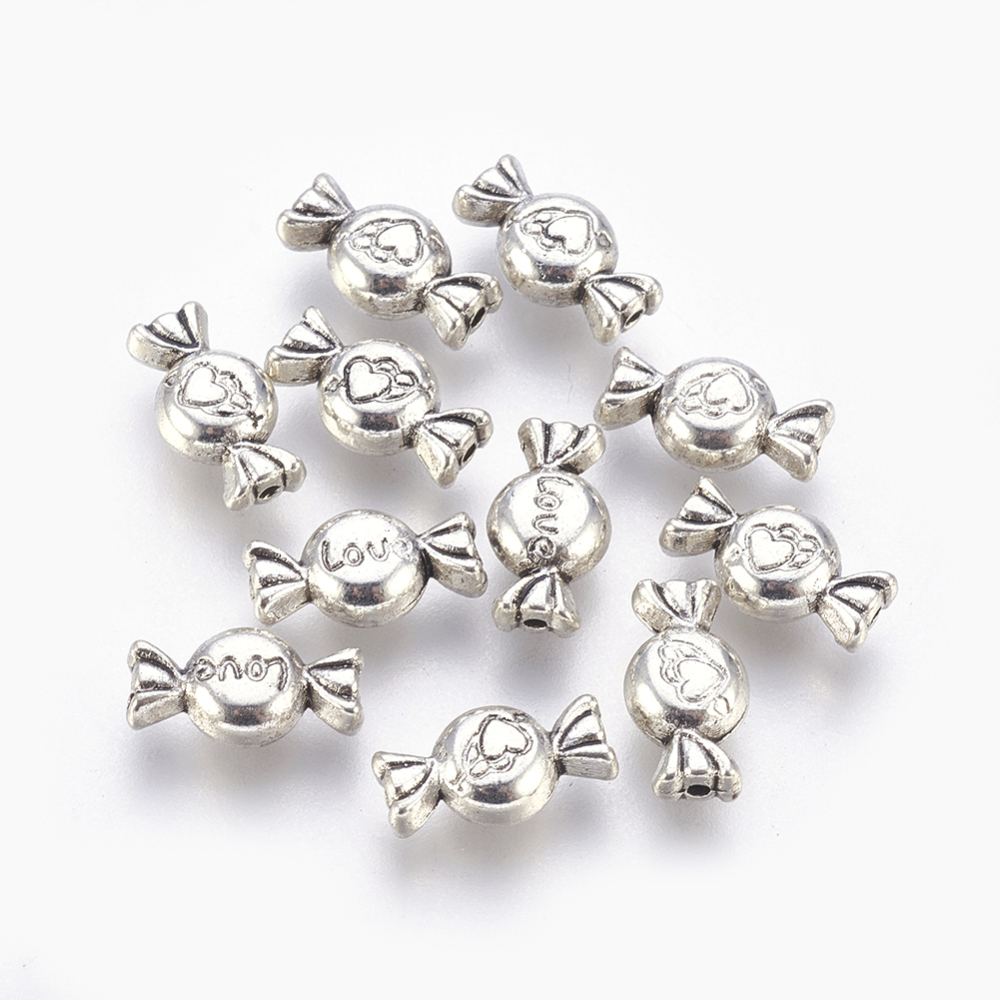 PandaHall Tibetan Style Beads, Candy Carved Heart and Love, Antique Silver, Lead Free & Cadmium Free; 11x6x3mm, Hole: 1mm Alloy Candy