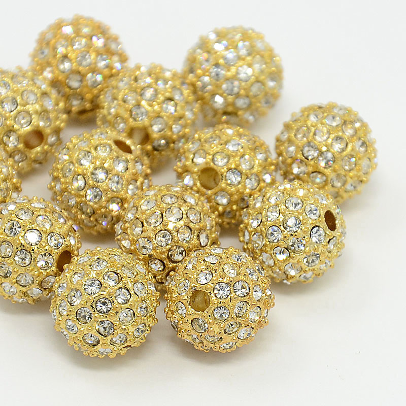 PandaHall Alloy Rhinestone Beads, Grade A, Round, Golden Metal Color, Crystal, 10mm Alloy+Rhinestone Round