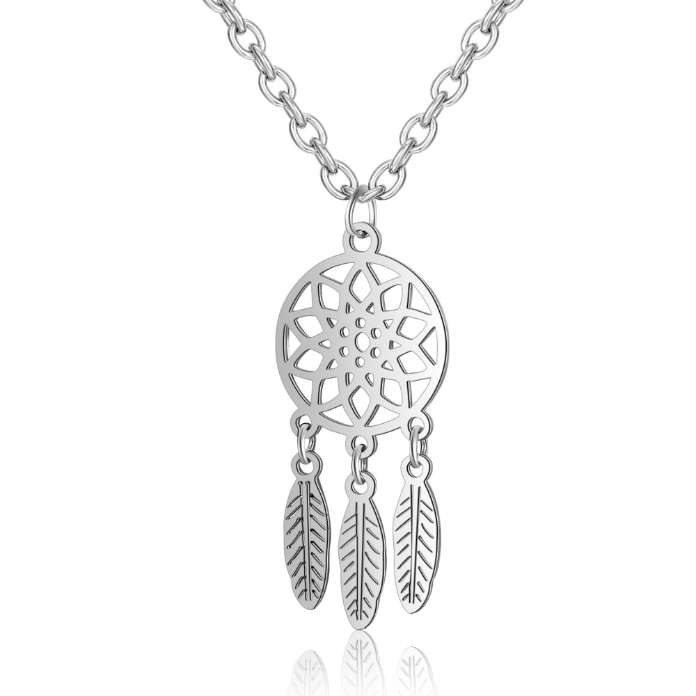 PandaHall 304 Stainless Steel Pendants Necklaces, Flower & Feather, Stainless Steel Color, 16.3''(40cm) Stainless Steel