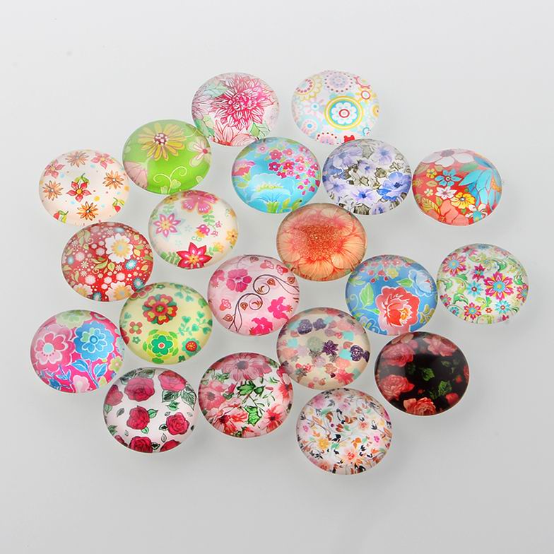PandaHall Half Round/Dome Floral Printed Glass Cabochons, Mixed Color, 25x7mm Glass Half Round Multicolor