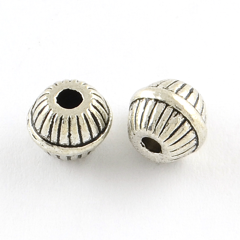 PandaHall Tibetan Style Alloy Beads, Round Grooved Beads, Lead Free, Antique Silver, 6x7mm, Hole: 1.5mm Alloy Round