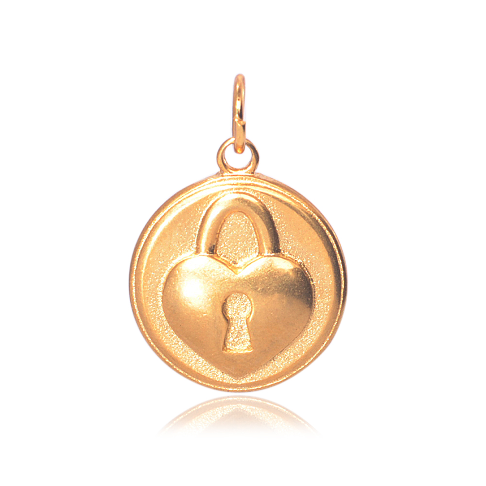 PandaHall 316 Stainless Steel Pendants, Flat Round, with Heart Lock, Golden, 23x19x4mm, Hole: 5mm Stainless Steel Flat Round