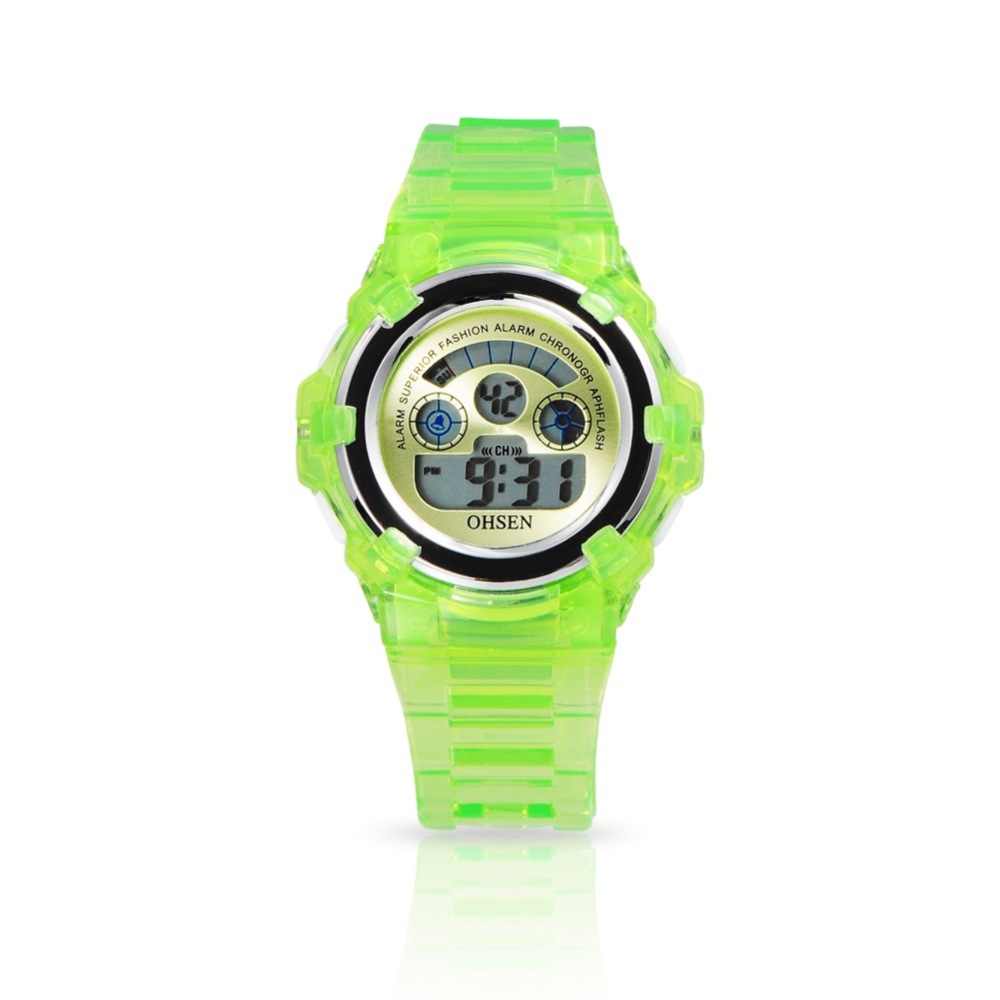 PandaHall OHSEN Brand Girls Silicone Sport Watches, High Quality Stainless Steel Digital Watches, LawnGreen, 220x17mm; Watch Head...