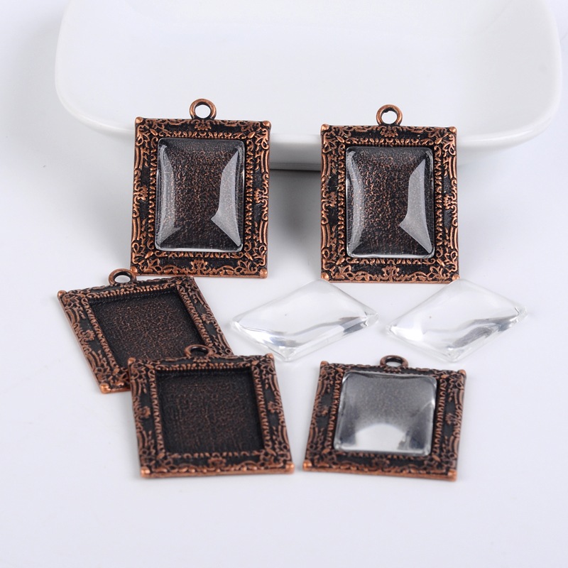 PandaHall Bubble Locket Tibetan Style Pendant Cabochon Bezel Settings and Clear Glass Cabochons, Rectangle, Lead Free & Nickel Free, Red...