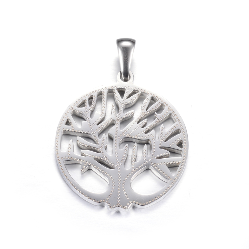 PandaHall 304 Stainless Steel Pendants, Flat Round with Tree of Life, Stainless Steel Color, 27.5x25x2mm, Hole: 7x3mm Stainless Steel Tree