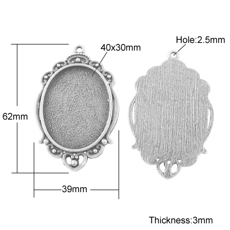 PandaHall Tibetan Style Pendant Cabochon Settings, Lead Free & Nickel Free, Oval, Antique Silver, 62x39x3mm, Hole: 2.5mm, Tray: 40x30mm...