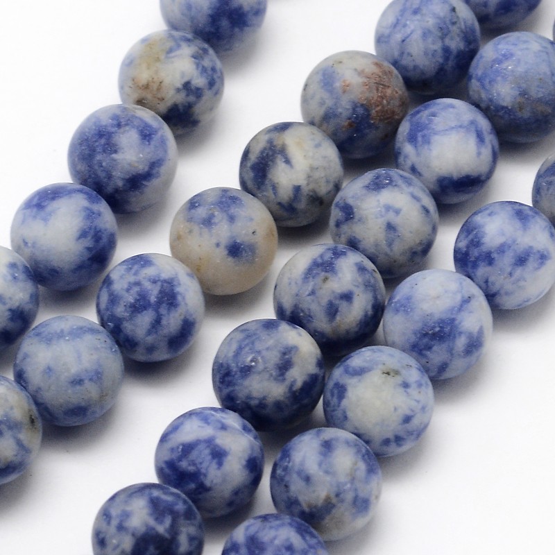 PandaHall Natural Blue Spot Stone Round Bead Strands, Frosted, Round, 8mm, Hole: 1mm; about 48pcs/strand, 15.1" Blue Spot Stone Round Blue