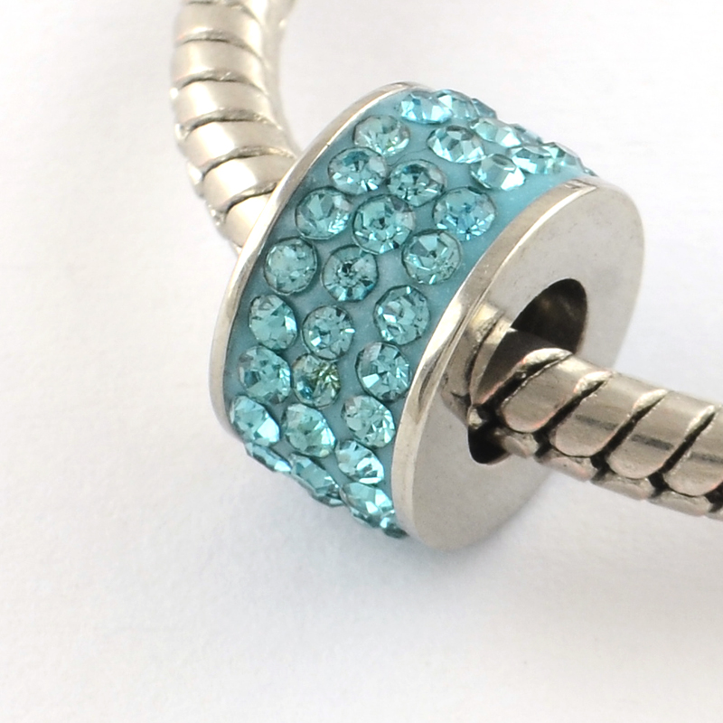 PandaHall 316 Stainless Steel Column Large Hole Beads, with Polymer Clay Rhinestones, Aquamarine, 10x6mm, Hole: 5mm Stainless...