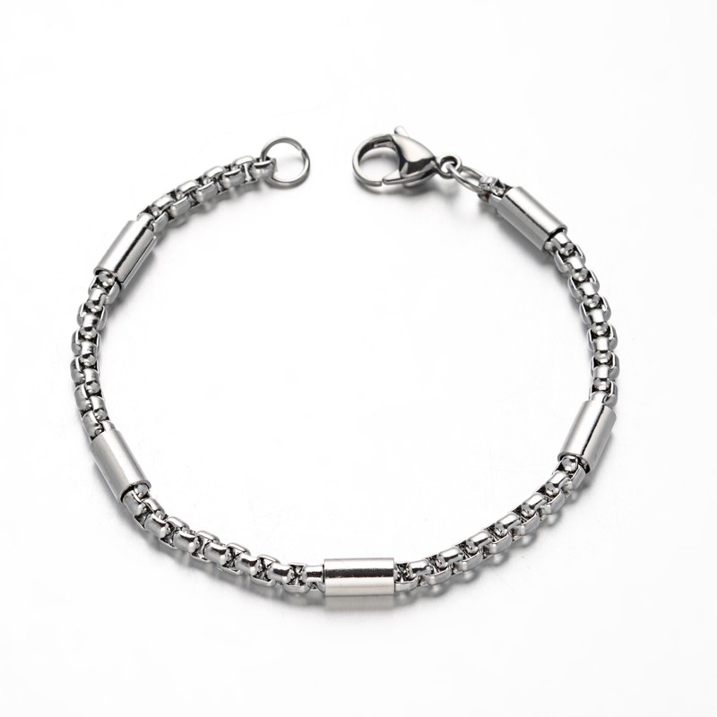 PandaHall 304 Stainless Steel Box Chain Bracelets, with Tube Beads and Lobster Claw Clasps, Stainless Steel Color, 8-1/4"(210mm); 4mm...