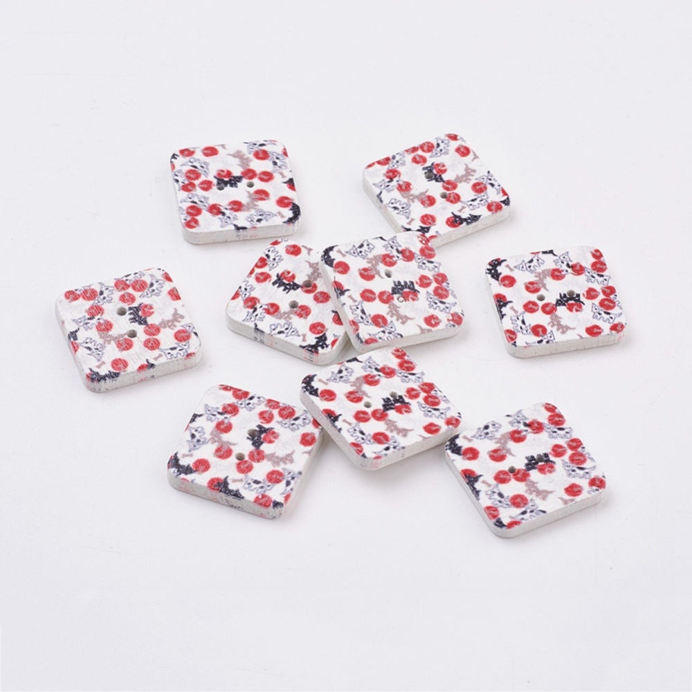PandaHall Printed Wooden Buttons, 2-Hole, Dyed, Square, Colorful, 18x18x4mm, Hole: 2mm Wood Square