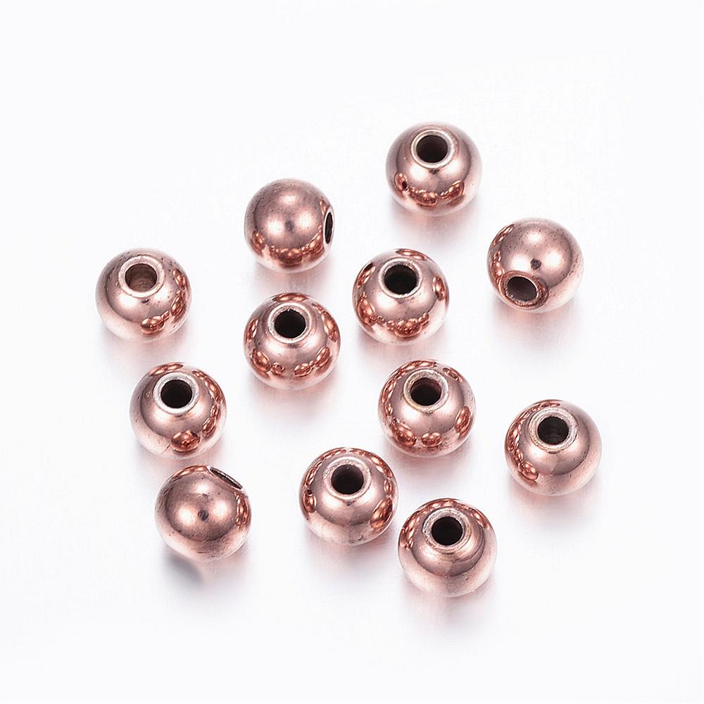 PandaHall 304 Stainless Steel Bead Spacers, Round, Rose Gold, 6x5mm, Hole: 2mm Stainless Steel Round