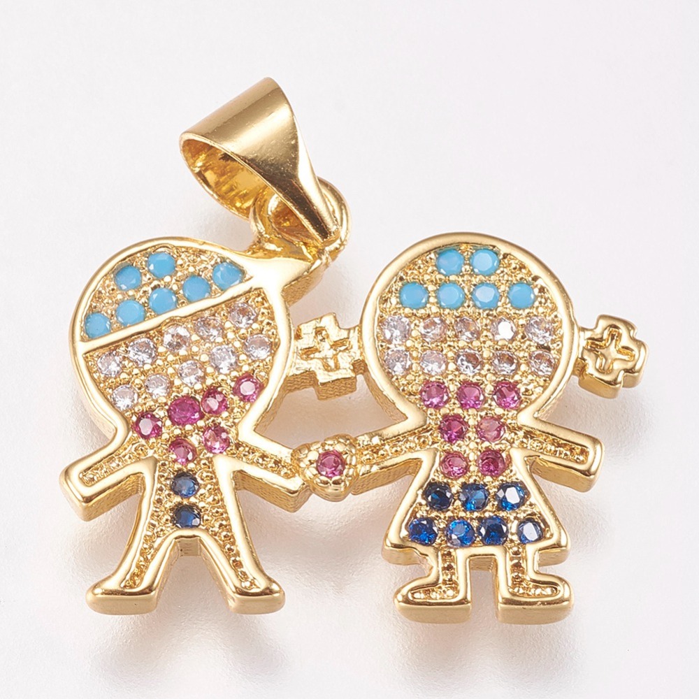 PandaHall Brass Micro Pave Cubic Zirconia Pendants, Lovers/Boy & Girl, Golden, 20x19x1.5mm, Hole: 4x3.5mm Brass+Cubic Zirconia Human
