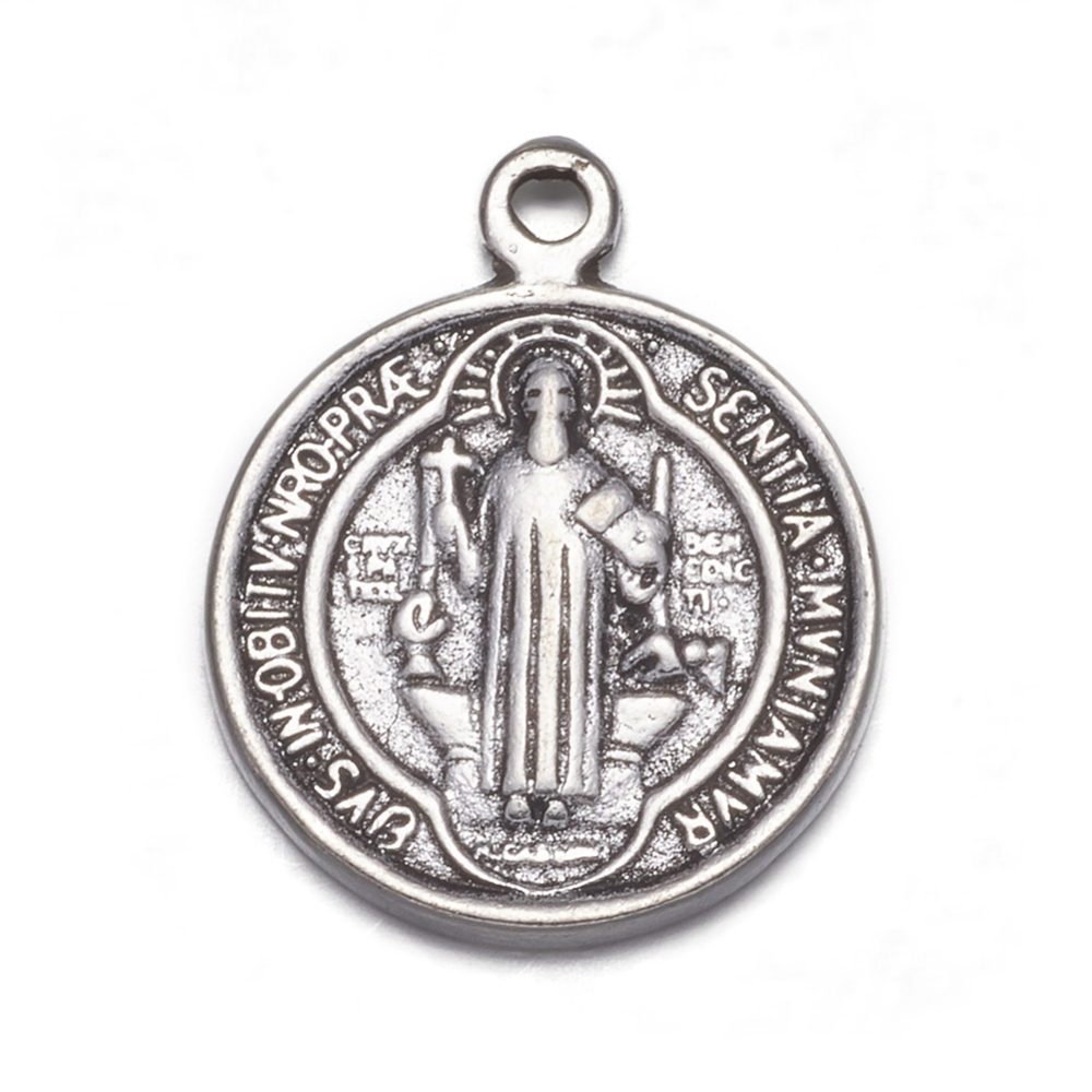 PandaHall Tibetan Style Pendants, Saint Benedict Medal, Lead Free and Cadmium Free, Flat Round, Antique Silver Color, Size: about 21mm long...