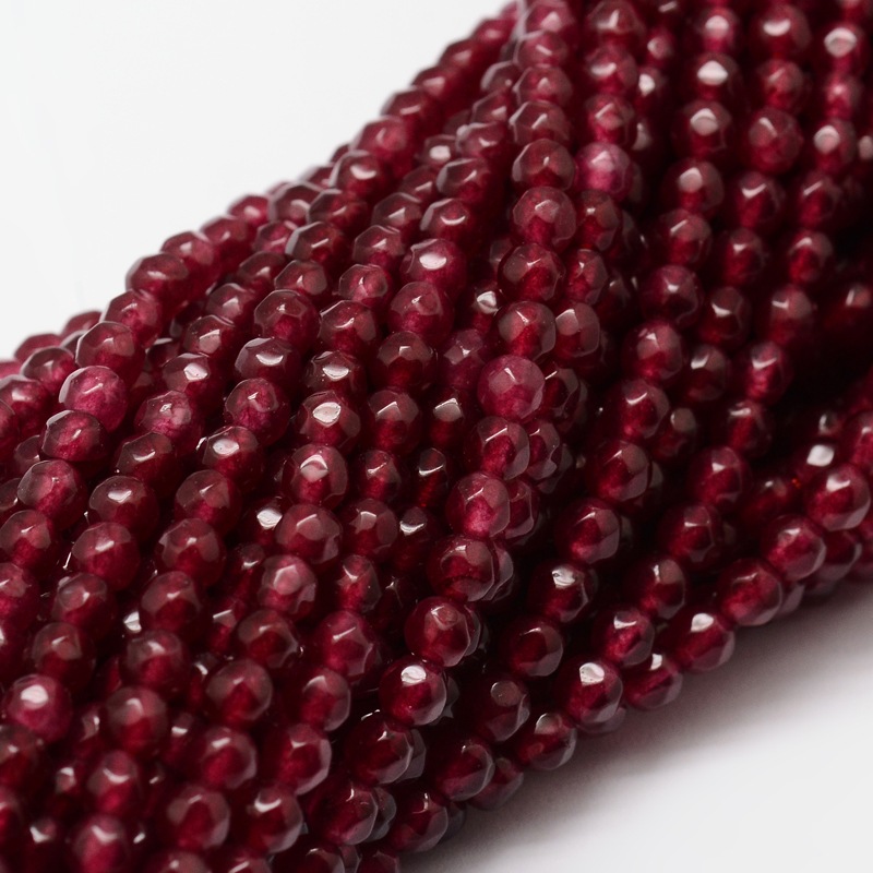 PandaHall Dyed Natural White Jade Round Beads Strands, Faceted, Cerise, 4mm, Hole: 1mm; about 92pcs/strand, 15.3" White Jade Round Red