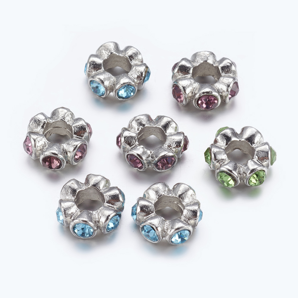 PandaHall Mixed Color Grade A Rhinestone European Beads, Alloy Rondelle Speacer Beads, Platinum Metal Color, 12x5mm, hole: 5mm...