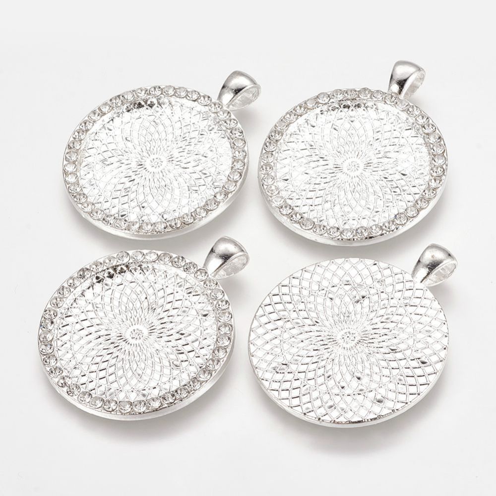 PandaHall Alloy Rhinestone Pendant Cabochon Settings, Lead Free, Flat Round, Silver, Tray: 30mm; 45x37x3mm, Hole: 6x4mm Alloy+Rhinestone...