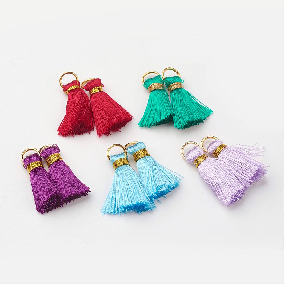 PandaHall Nylon Tassel Pendant Decoration, with Brass Findings, Golden, Mixed Color, 23~27x5mm, Hole: 4mm Nylon Multicolor