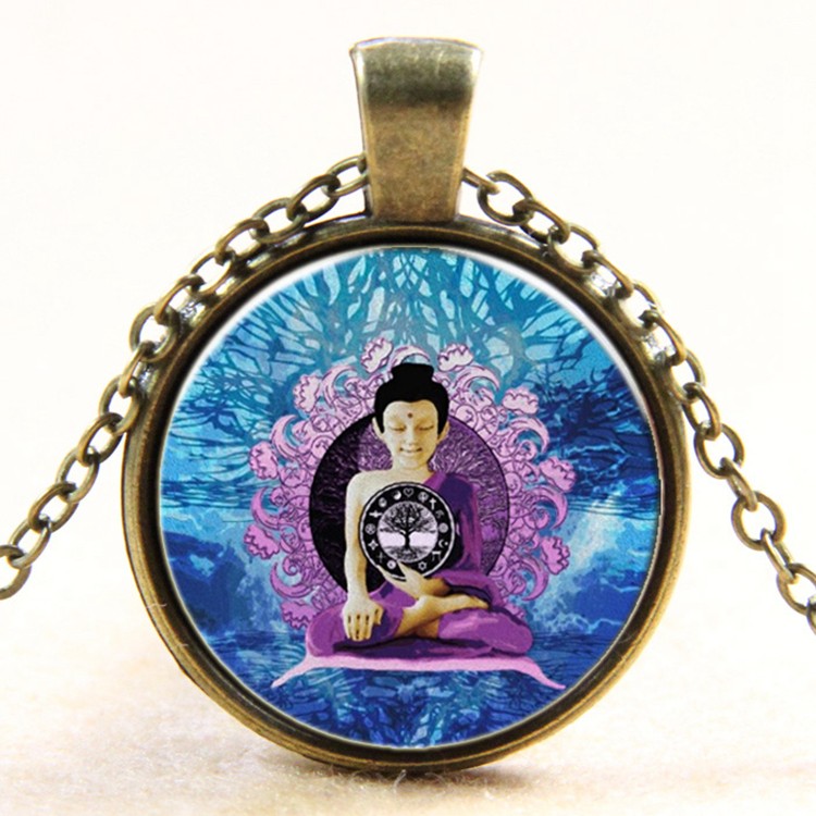 PandaHall Flat Round with Meditative Buddha Glass Alloy Pendant Necklaces, Antique Bronze, 17.7" Glass