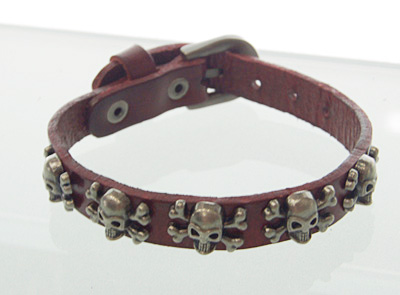 PandaHall Punk Rock Skull Leather Bracelets for Halloween, Gothic Style, with Alloy Findings, Brown, 13x255mm Alloy Brown
