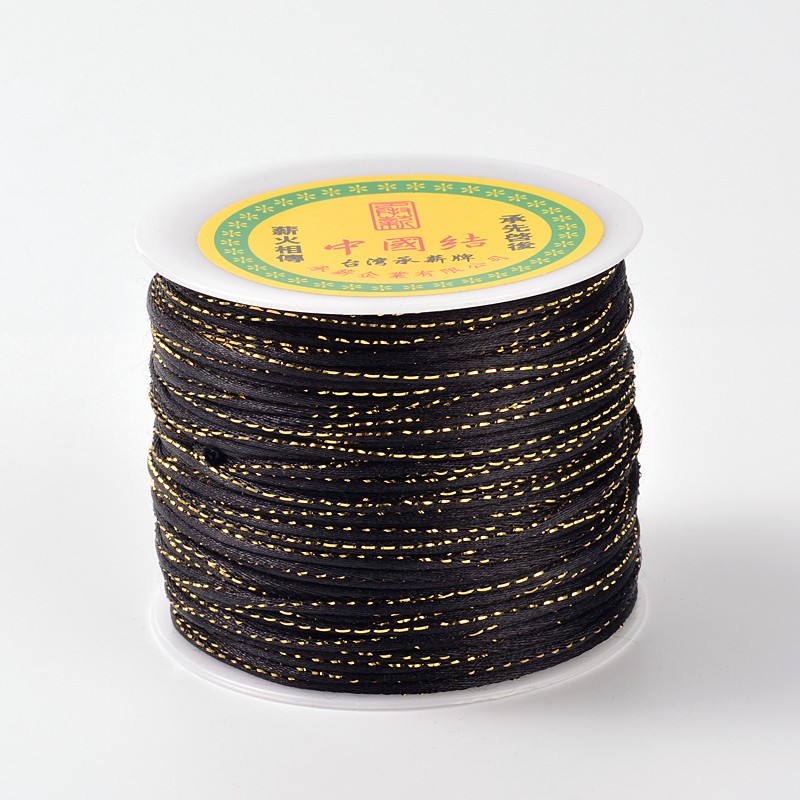 PandaHall Gold Line Round String Polyester Cords, Black, 2mm; about 100m/roll Polyester Black