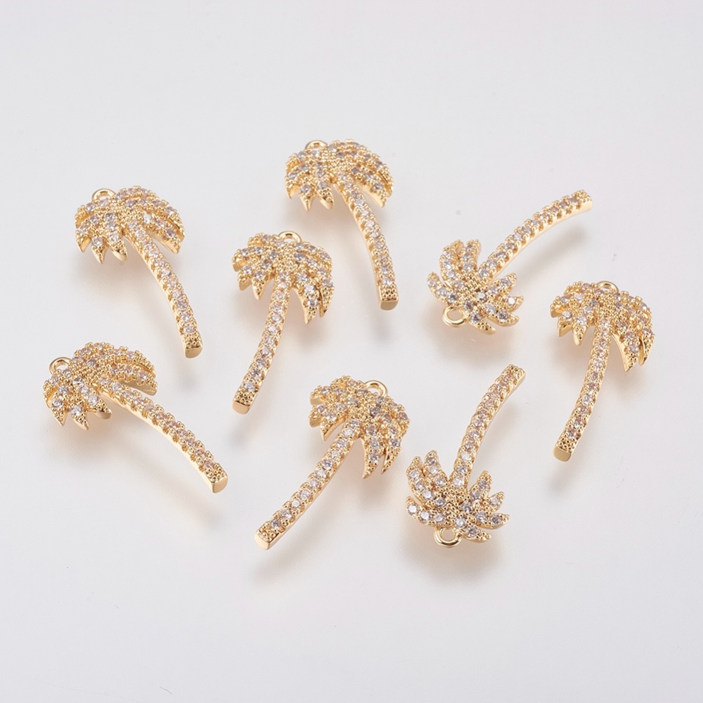 PandaHall Brass Micro Pave Cubic Zirconia Charms, Coconut Tree, Real Gold Plated, 18.5x9.5x2.5mm, Hole: 1mm Brass+Cubic Zirconia Tree Clear