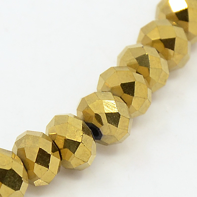 PandaHall Electroplate Glass Strands, Full Plated, Faceted, Rondelle, Golden Plated, 6x4mm, Hole: 1mm; about 101pcs/strand, 18.5" Glass...
