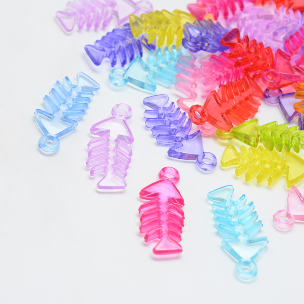 PandaHall Transparent Acrylic Pendants, Fishbone, Mixed Color, 33x15x5mm, Hole: 3mm Acrylic Fish Multicolor