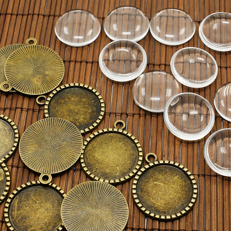 PandaHall 25mm Transparent Clear Domed Glass Cabochon Cover for Photo Pendant Making, with Nickel Free Antique Bronze Alloy Settings...